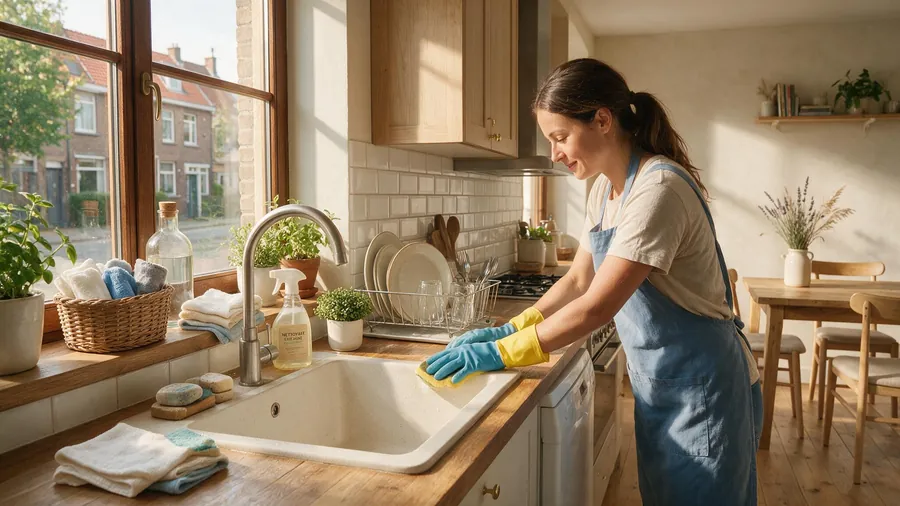 Aide-ménager(e) Maison'Net nettoyant une cuisine lumineuse
